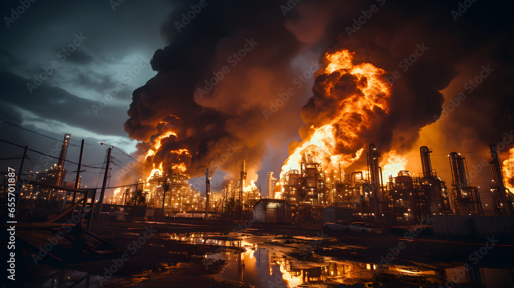 Fire and refinery plant , concept crisis a large oil refinery fire and emergency fire case. - obrazy, fototapety, plakaty 