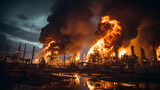 Fire and refinery plant , concept crisis a large oil refinery fire and emergency fire case.
