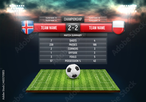 Sport scoreboard with result and match summary on green field background. Vector template for your design.