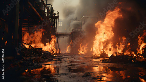 Fire and refinery plant , concept crisis a large oil refinery fire and emergency fire case. photo