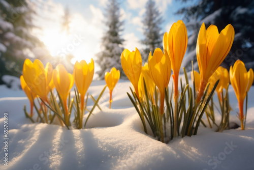 Nature lighting of spring landscape with first yellow crocuses flowers on snow in the sunshine and beautiful sky. Life or nature botanical concept. © cwa
