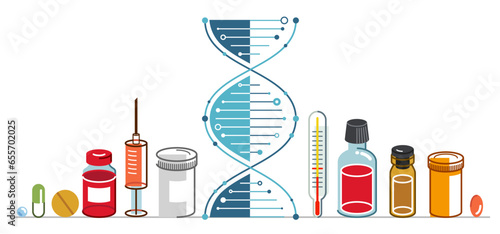 DNA strand based medical theme composition with lots of different drugs and meds vector illustration isolated, drugstore or medical biotechnology scientific research.