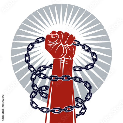Strong hand clenched fist fighting for freedom against chain slavery theme illustration, vector logo or tattoo, getting free, struggle for liberty.