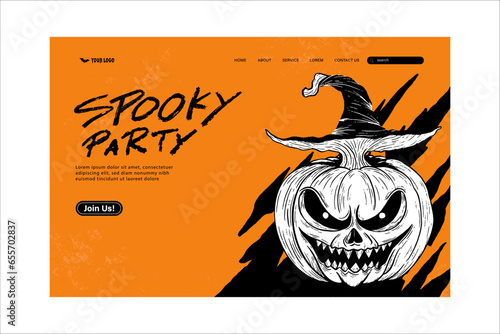 Halloween web template cover design with Jack o lantern pumpkin in orange color background, vector illustration 