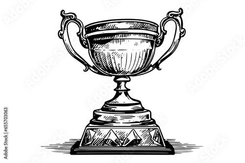 Winner trophy cup hand drawn ink sketch. Engraved style vintage illustration