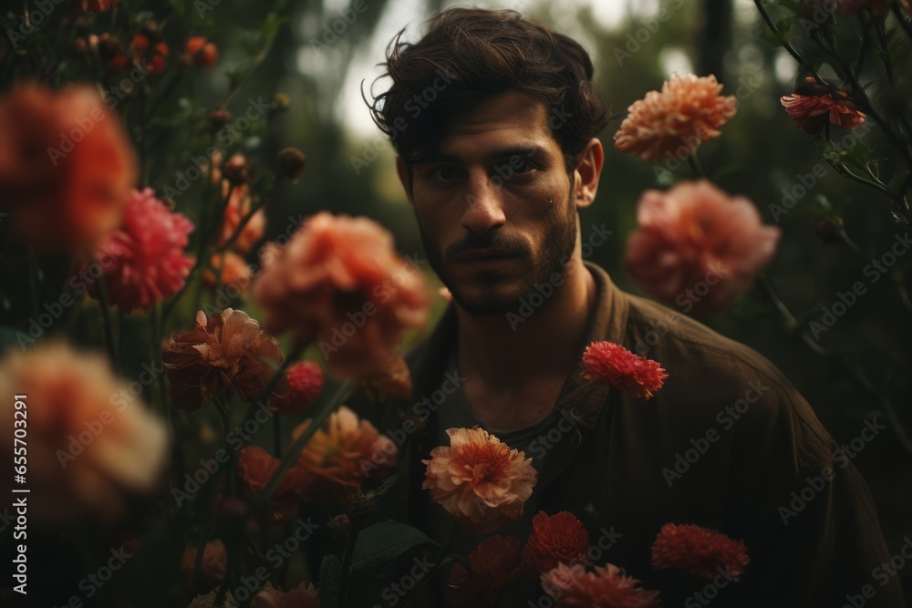Naklejka premium Portrait of a solitary man surrounded by vibrant flowers, capturing a moment of contemplation and serenity. Ideal for themes of solitude, nature, and mental well-being.