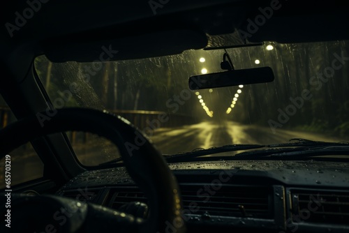 Intimate view from inside a car driving in the rain, capturing the droplets on the windshield and the blurred lights ahead. Perfect for themes of journey, solitude, and introspection.