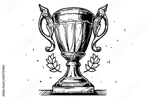 Winner trophy cup hand drawn ink sketch. Engraved style vintage illustration