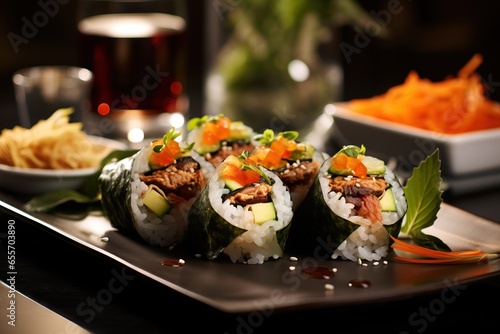 A close-up shot of a colorful assortment of Gimbap rolls, featuring a variety of fillings like vegetables, pickles, and meat, showcasing the visual appeal and freshness of the dish