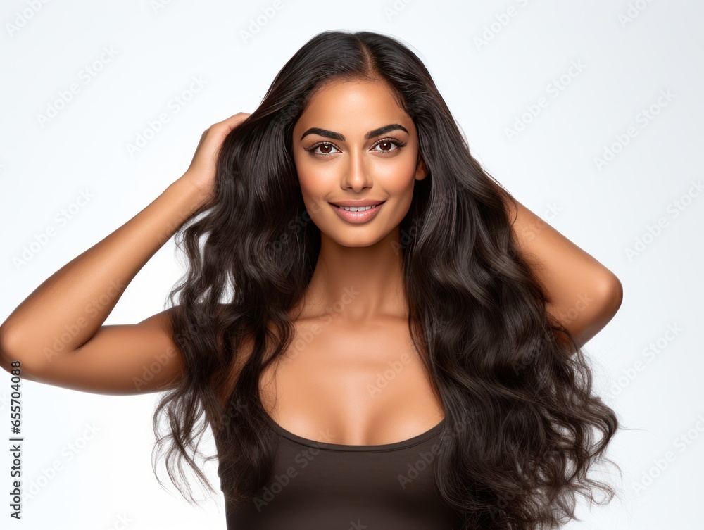 Naklejka premium Indian Fitness Model Demonstrates Post-Workout Haircare Benefits in Commercial