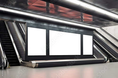 blank billboard situated above an escalator in a modern  industrial-style setting with metallic elements  The billboard is mounted above an escalator