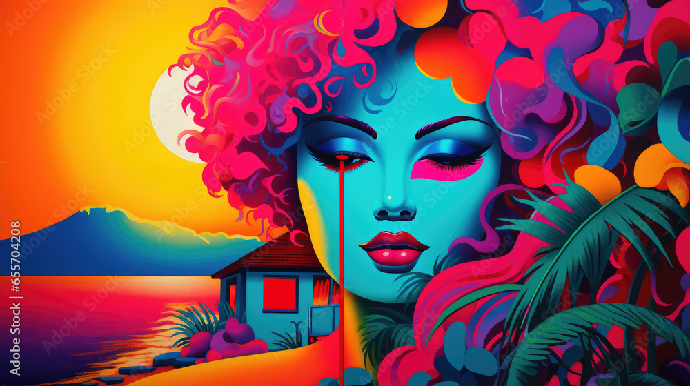 Glamorous youthful beauty fused with tropical island fun soaking up the summer sun, colorful retro synthwave pop art like illustration, golden hour sunset, exotic holiday solo traveler influencer.