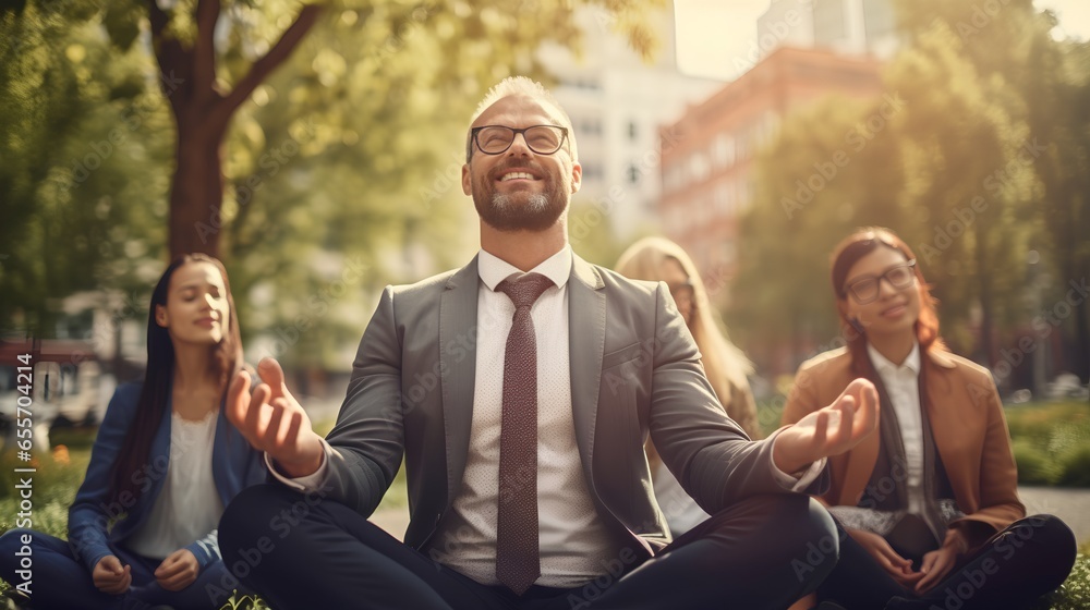 Businessman meditating in urban city business park with calm leadership and professional mental attitude. State of tranquility, demonstrating mindfulness and healthy balance in corporate environment. Businessman meditating in urban city business park with calm leadership and professional mental attitude. State of tranquility, demonstrating mindfulness and healthy balance in corporate environment.