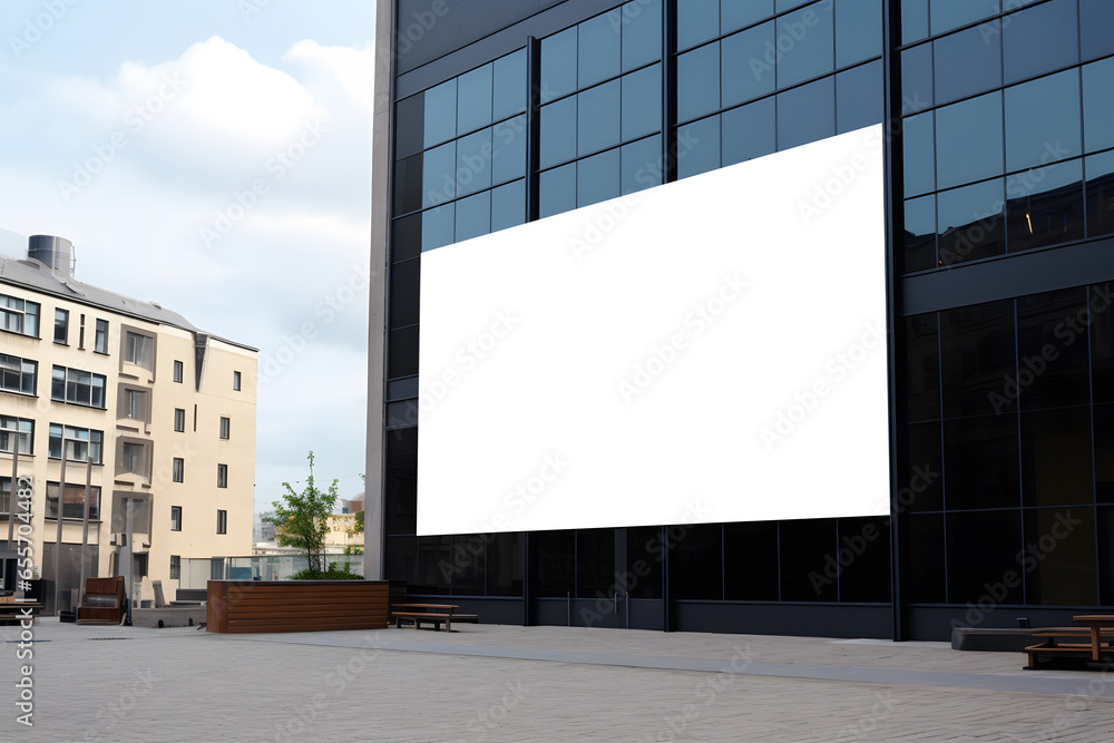 large blank billboard located in an urban setting with modern buildings in the background and a clear sky above. The billboard is the focal point of the image large blank billboard located in an urban setting with modern buildings in the background and a clear sky above. The billboard is the focal point of the image