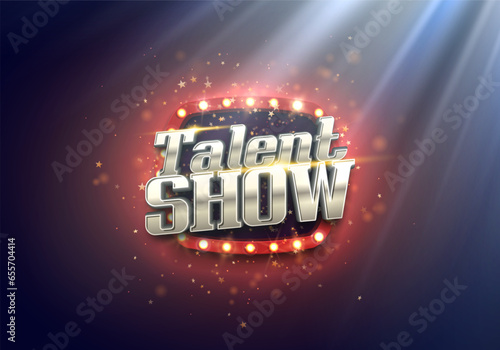 Bright Talent Show sign illuminated by spotlights. Vector illustration.