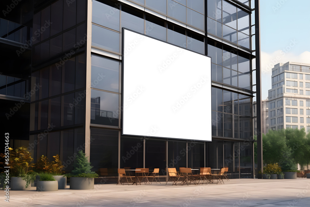 large blank billboard located in an urban setting with modern buildings in the background and a clear sky above. The billboard is the focal point of the image large blank billboard located in an urban setting with modern buildings in the background and a clear sky above. The billboard is the focal point of the image
