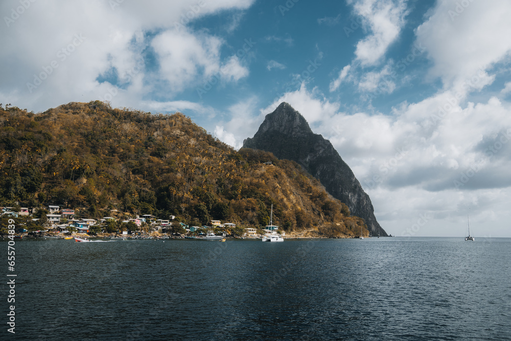 Iconic view of Piton mountains on St Lucia island in Caribbean, West indies.