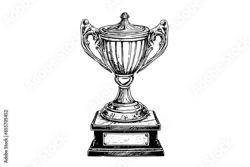 Winner trophy cup hand drawn ink sketch. Engraved style vintage illustration