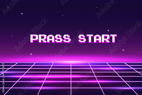 PRESS START INSERT A COIN TO CONTINUE .pixel art .8 bit game.retro game. for game assets .Retro Futurism Sci-Fi Background. glowing neon grid.and stars from vintage arcade computer games