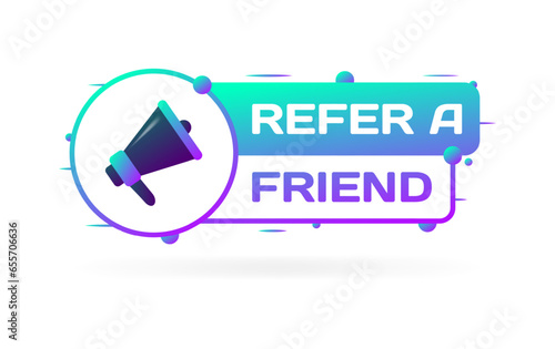 Refer a friend sign. Flat, color, megaphone in a circle, refer a friend sign, megaphone icon, refer a friend. Vector icon