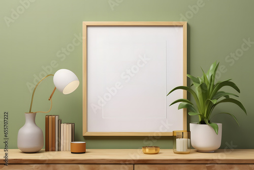 mockup photo featuring a blank white frame centered on a wooden shelf  complemented by decorative items and greenery against a muted green wall