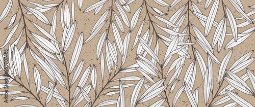 Fototapeta Naklejka Na Ścianę i Meble -  Grunge sand background with white branches and leaves and small splashes. Botanical vector background for various decors, designs, wallpapers, cards and presentations, posts on social networks.