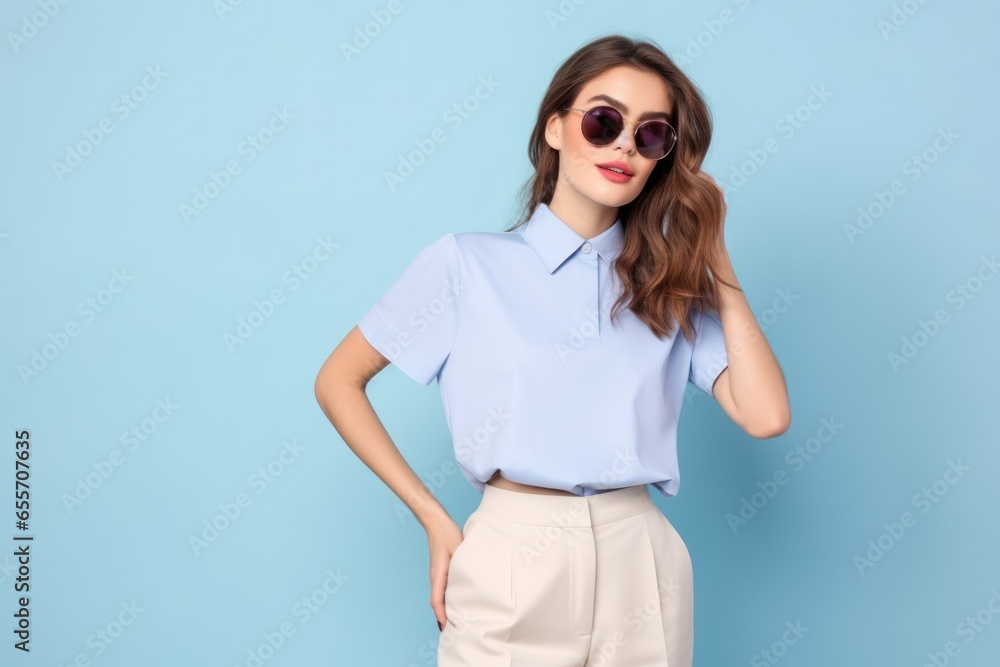 Fototapeta premium Portrait of a Fictional Stylish and Elegant Woman Model Wearing Casual Chic Clothes. Isolated on a plain background. Generative AI.