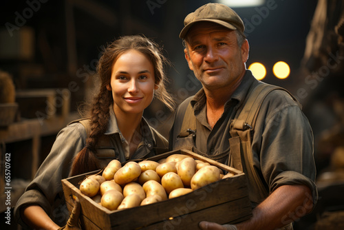 woman and man in uniform holding crates of potatoes at warehouse  checking quality  family business