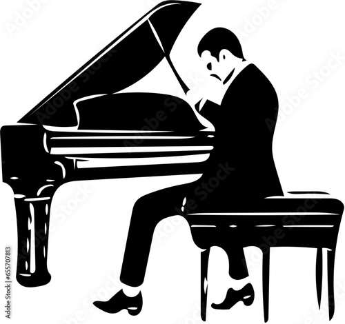 Vector illustration of a pianist playing piano in black isolated on white background 