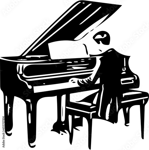 Vector illustration of a pianist playing piano in black isolated on white background 