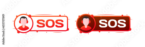SOS support button. Flat, red, SOS button, SOS support button. Vector icons