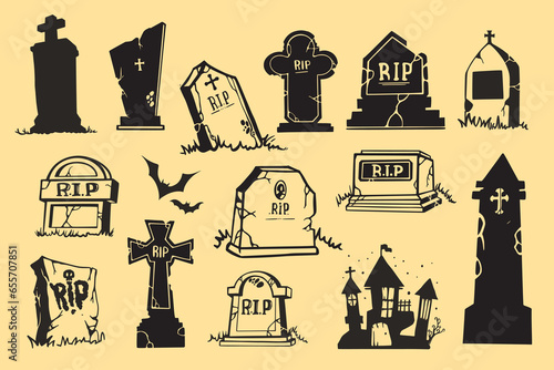 Halloween gravestone silhouettes tombstones. Creepy Halloween tomb