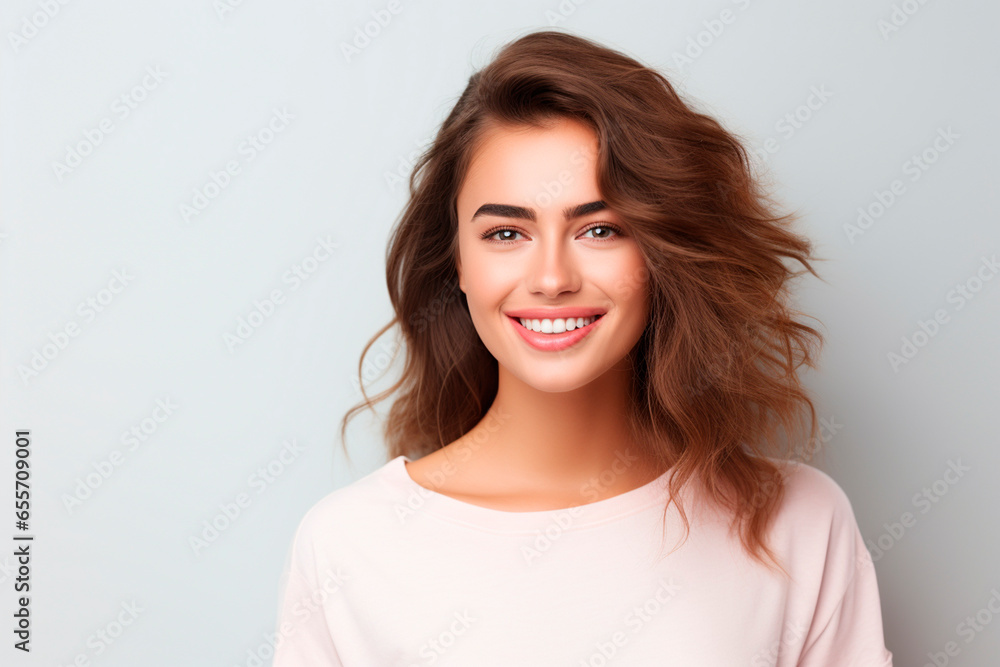 european model in white top, smile, pastel light background. happy european model in white top, smile, pastel light background. happy
