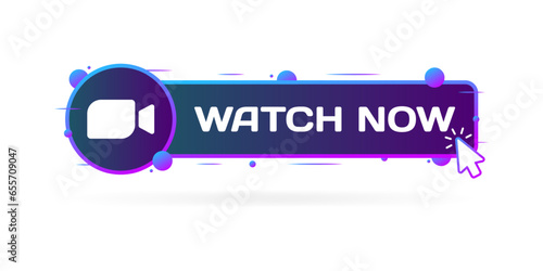 Watch now button. Flat, purple, camera in a circle, cursor on the button, watch now button. Vector icon