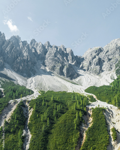 Aerial view of Croda dei Baranci (Birkenkofel) mountain peak on the Dolomites range, San Candido (Innichen), Trentino, South Tyrol, Italy. photo