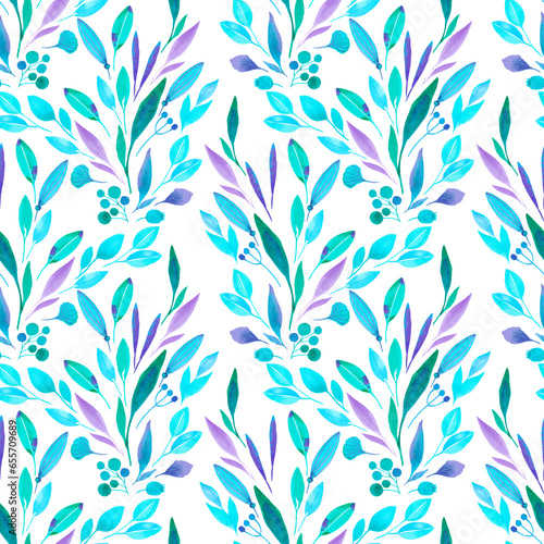 Hand drawn watercolor purple and blue leaves seamless pattern isolated on white background. Can be used for textile, fabric and other printed products.