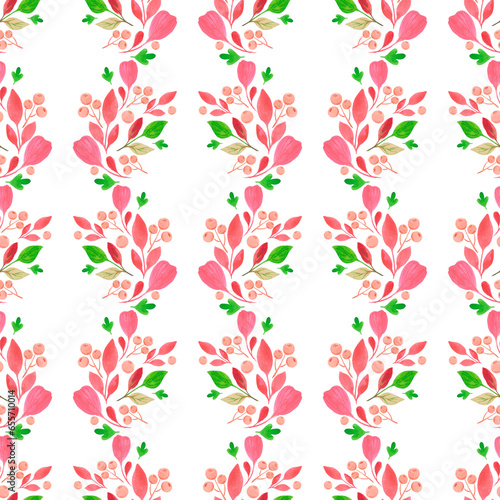 Hand drawn watercolor green and red leaves seamless pattern isolated on white background. Can be used for textile, fabric and other printed products.