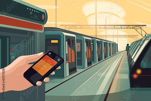 Hand holding transport card and phone near the terminal. Airport, subway or bus and metro ticket terminal validator. Wireless, contactless or cashless payments, RFID NFC