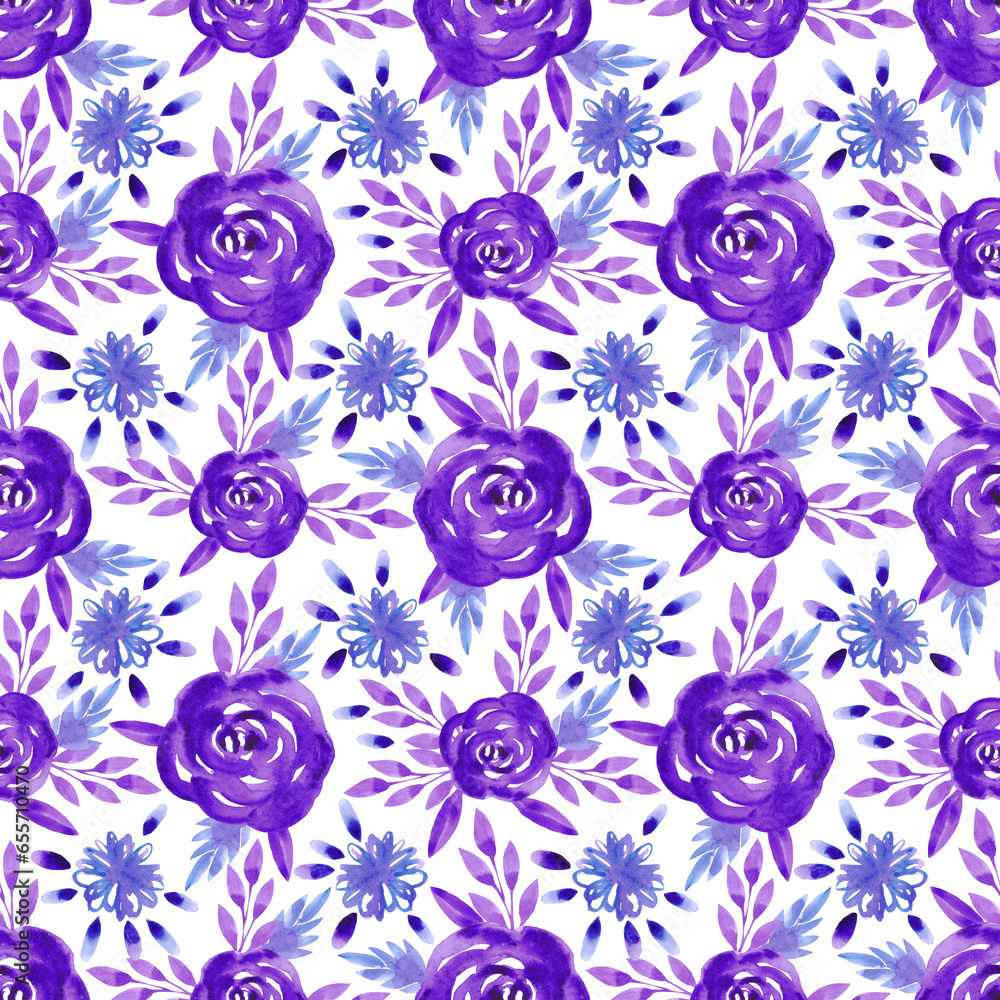 Hand drawn watercolor purple roses and leaves seamless pattern isolated on white background. Can be used for textile, fabric and other printed products.