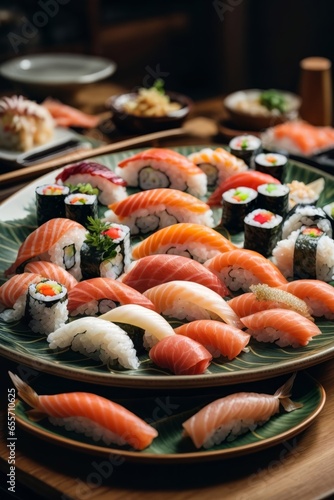 A beautifully presented plate of sushi on a rustic wooden table