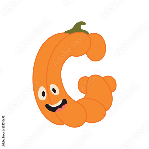 Cute Halloween alphabet letter G pumpkin character. Funny kids decorative lettering. for t-shirt, nursery decoration, baby shower, greeting card, invitation, scrapbooking. Vector stock illustration