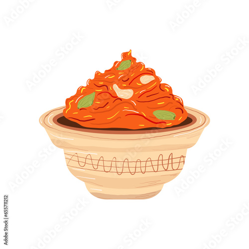 Indian traditional food. Carrot halwa with pistachios and cashews, Gajar Ka Halwa in a bowl with a pattern. Diwali mithai colorful flat illustration. Isolated on white background.
