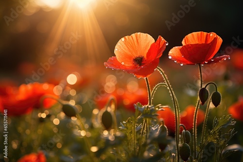 Beautiful poppy field in the sun. Generated by artificial intelligence