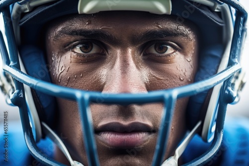 Portrait close-up, American football player in helmet. Concept American football, patriotism, close-up. photo