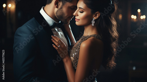 Passionate Hispanic couple in love in elegant evening dresses, woman with wedding ring on her finger
