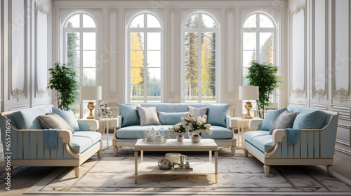 Beige and blue sofas against window in classic room © Black