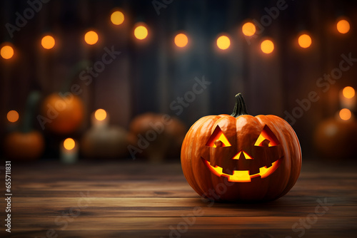 Halloween scary lantern ghost pumpkin face on a floor with glowing candles, lights and bokeh behind it, dark wooden background with copy space. Autumn, Halloween and thanksgiving concept.