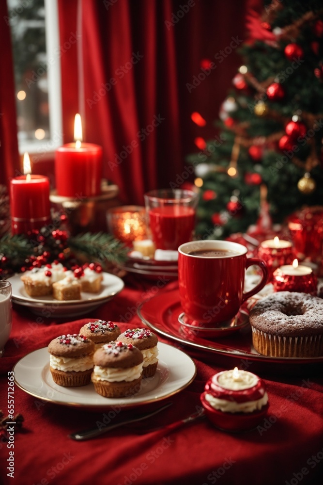 Christmas cake with berries and cup of coffee on the background of the Christmas tree