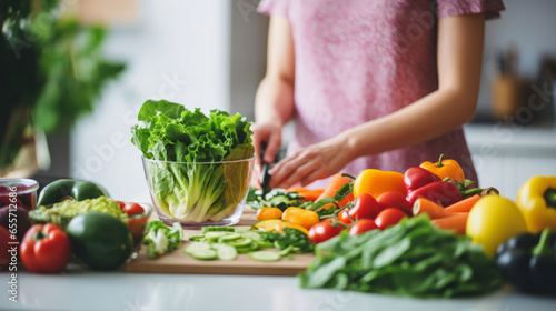 Woman nutritionist is standing on the kitchen and preparing food by using vegetables  close up view