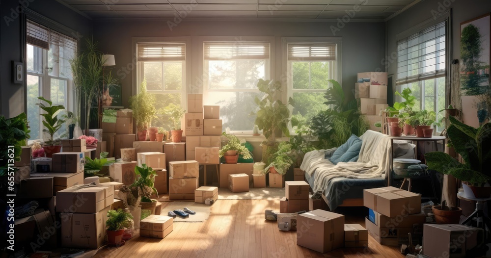 Cardboard boxes and house plants in the room